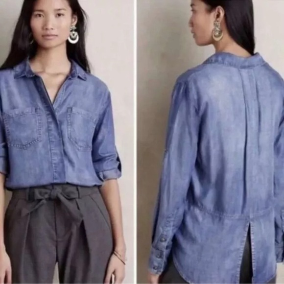 Cloth and Stone Denim Chambray Split Back Button Down Top Sz XS excellent cond - Picture 2 of 14